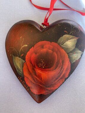 Heart Hand Painted Large Wood Floral Heart Pendant, Signed 1990
